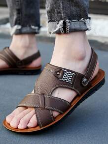 Men Studded Decor Slingback Sandals, Brown Outdoor Casual Sandals