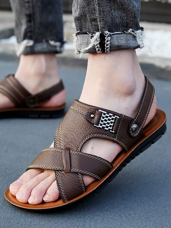 Men Studded Decor Slingback Sandals, Brown Outdoor Casual Sandals