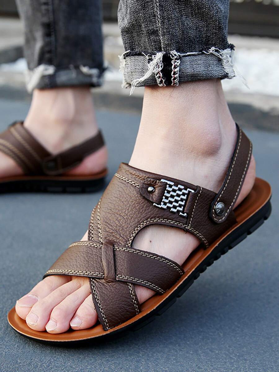 Men Studded Decor Slingback Sandals, Brown Outdoor Casual Sandals
