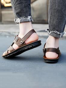 Men Studded Decor Slingback Sandals, Brown Outdoor Casual Sandals