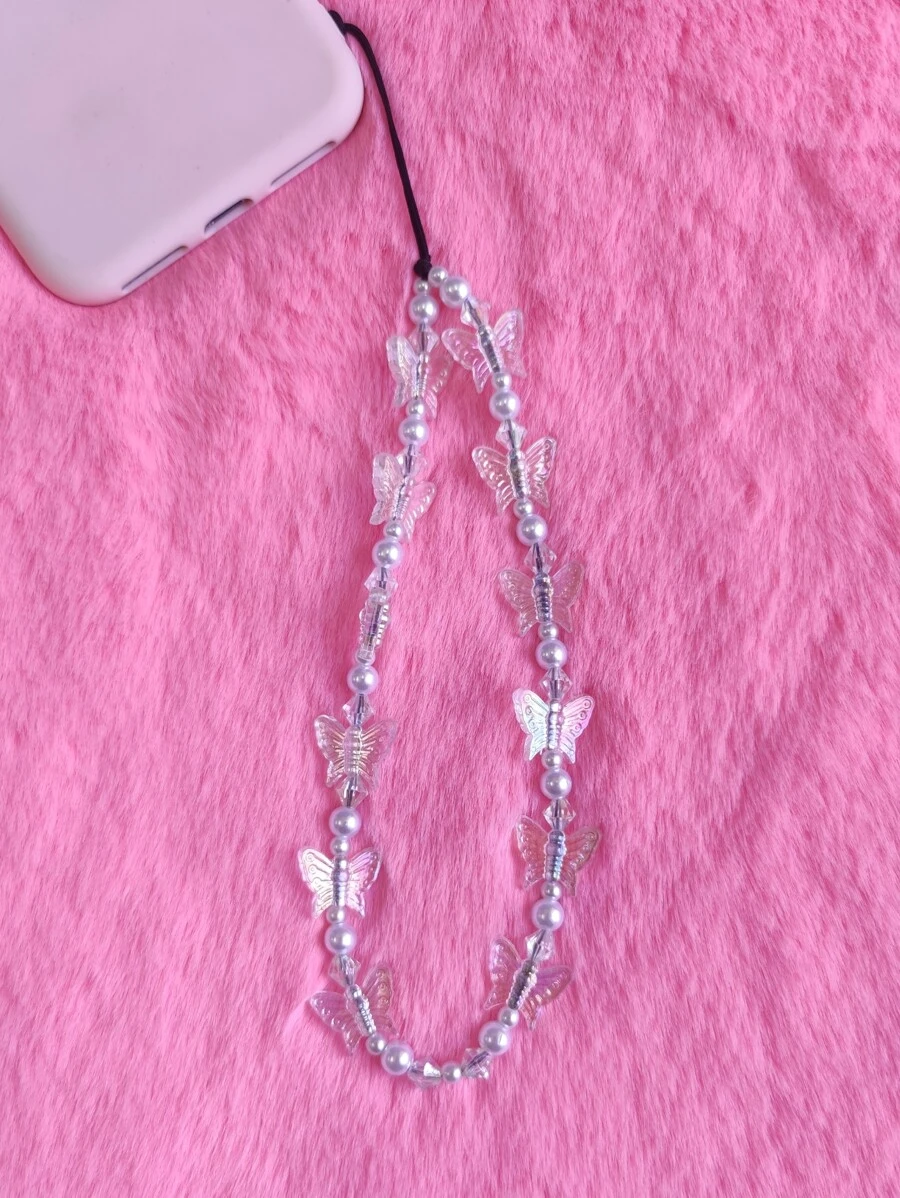 1pc Butterfly Decor Beaded Phone Lanyard - Clear - View 1