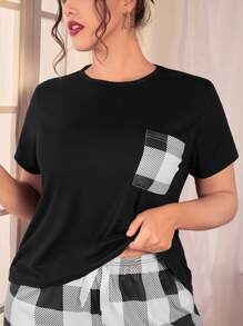 Plus Plaid Print Pocket Patched Sleep Tee - Black - View 1