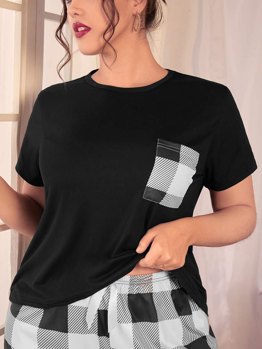 Plus Plaid Print Pocket Patched Sleep Tee - Black - View 1