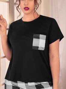 Plus Plaid Print Pocket Patched Sleep Tee - Black - View 3