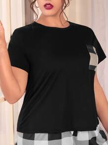 Plus Plaid Print Pocket Patched Sleep Tee - Black - View 5
