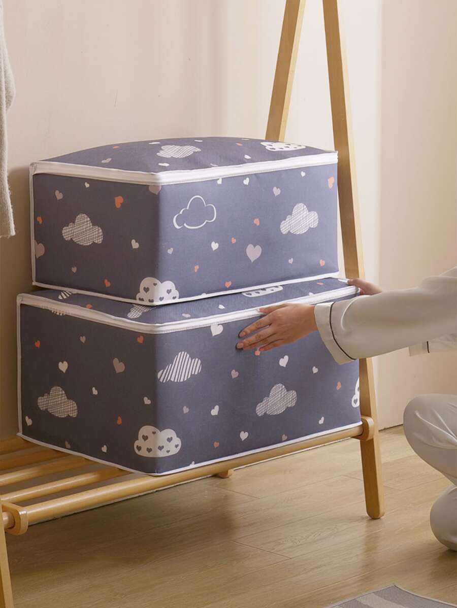 1pc Non-woven Fabric Foldable Storage Bag, Modernist Cloud Pattern Clothes Storage Bag For Bedroom - Navy Blue - View 1