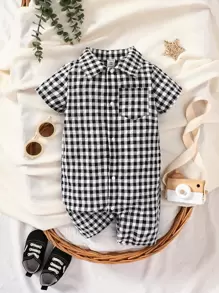 Baby Boy Gingham Print Pocket Patched Shirt Romper - Black and White - View 1