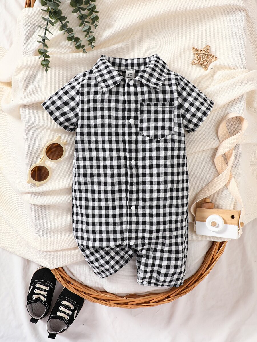 Baby Boy Gingham Print Pocket Patched Shirt Romper - Black and White - View 1