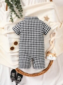 Baby Boy Gingham Print Pocket Patched Shirt Romper - Black and White - View 2