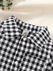 Baby Boy Gingham Print Pocket Patched Shirt Romper - Black and White - View 3