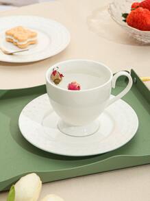 1pc Porcelain Mug & 1pc Coaster, Minimalist White Coffee Mug For Table - White - View 1