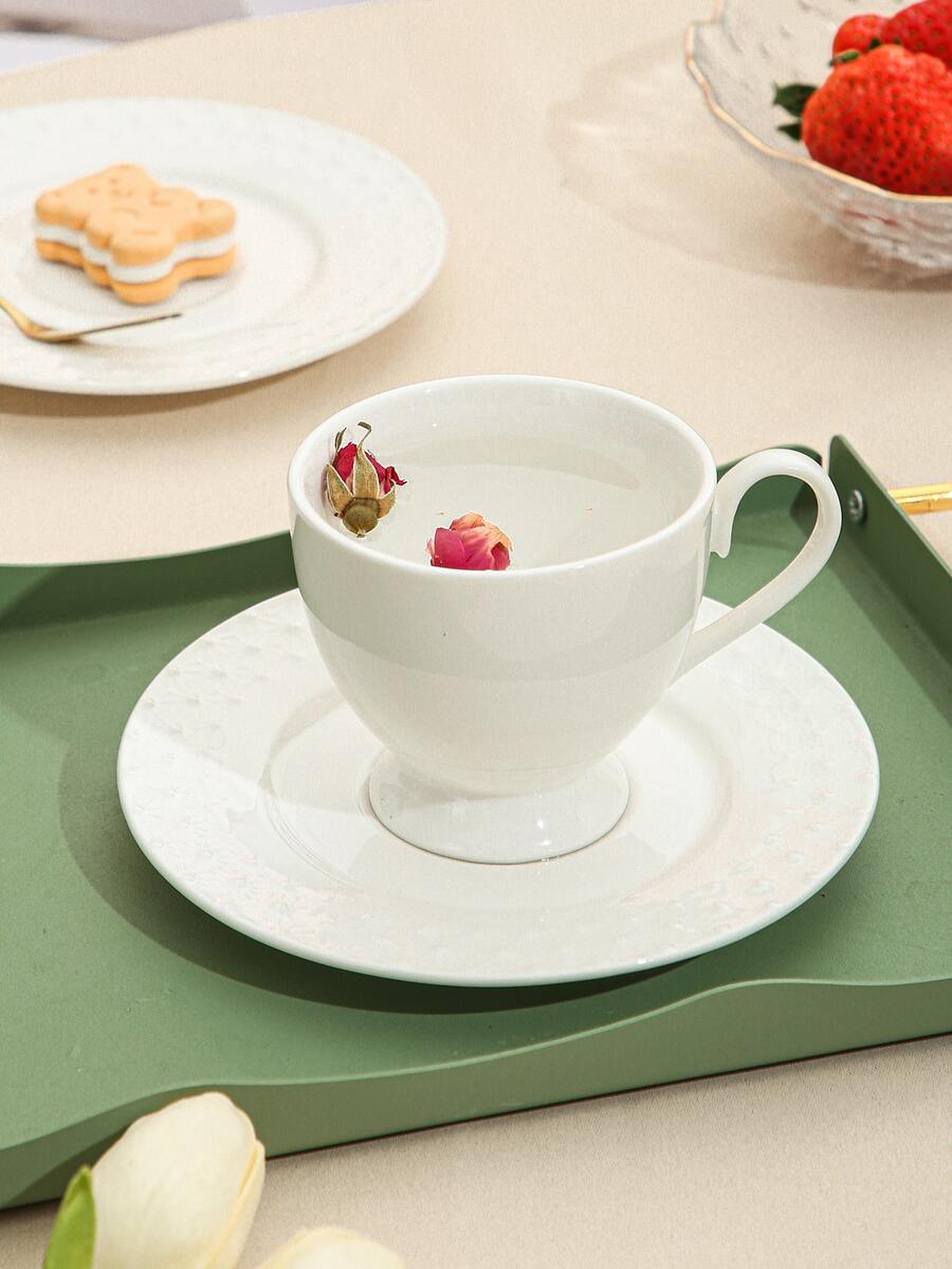 1pc Porcelain Mug & 1pc Coaster, Minimalist White Coffee Mug For Table - White - View 1