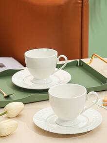 1pc Porcelain Mug & 1pc Coaster, Minimalist White Coffee Mug For Table - White - View 2