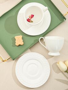 1pc Porcelain Mug & 1pc Coaster, Minimalist White Coffee Mug For Table - White - View 5