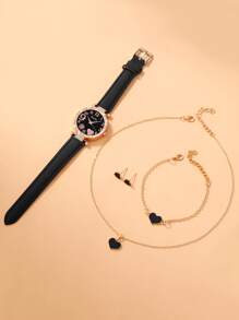 inschic inschic 1 pieza con diseño de diamante de imitación Reloj cuarzo & 4 piezas Set joya - Negro - Ver 3