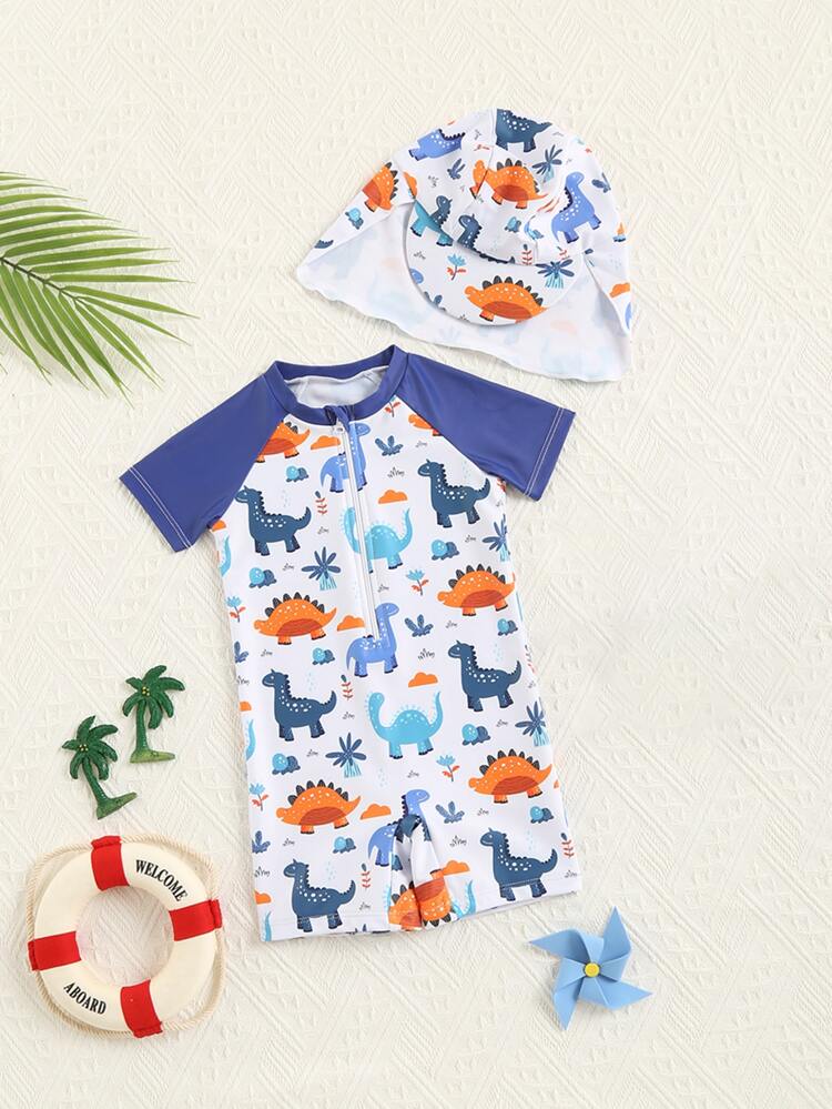 Baby Boy Cute Dinosaur Print One-Piece Swimsuit With Front Zipper And Sun Hat For Beach And Water Activities In Summer