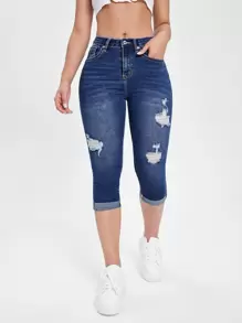 SHEIN Essnce Quần jean nữ Túi Bị tách Dây kéo màu trơn - Rửa trung bình - Xem 1