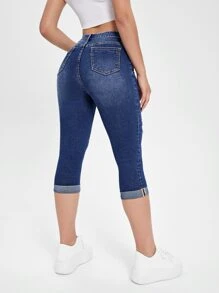 SHEIN Essnce Quần jean nữ Túi Bị tách Dây kéo màu trơn - Rửa trung bình - Xem 2