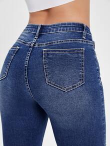 SHEIN Essnce Quần jean nữ Túi Bị tách Dây kéo màu trơn - Rửa trung bình - Xem 6