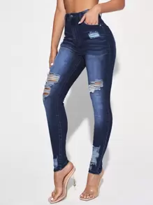 SHEIN Essnce 高腰破洞緊身牛仔褲 - 深色水洗藍 - 查看 3