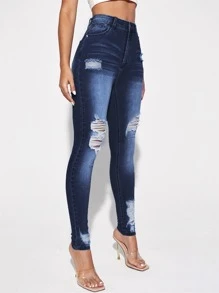 SHEIN Essnce 高腰破洞緊身牛仔褲 - 深色水洗藍 - 查看 4