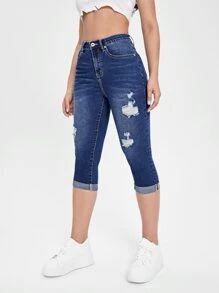 SHEIN Essnce Quần jean nữ Túi Bị tách Dây kéo màu trơn - Rửa trung bình - Xem 7