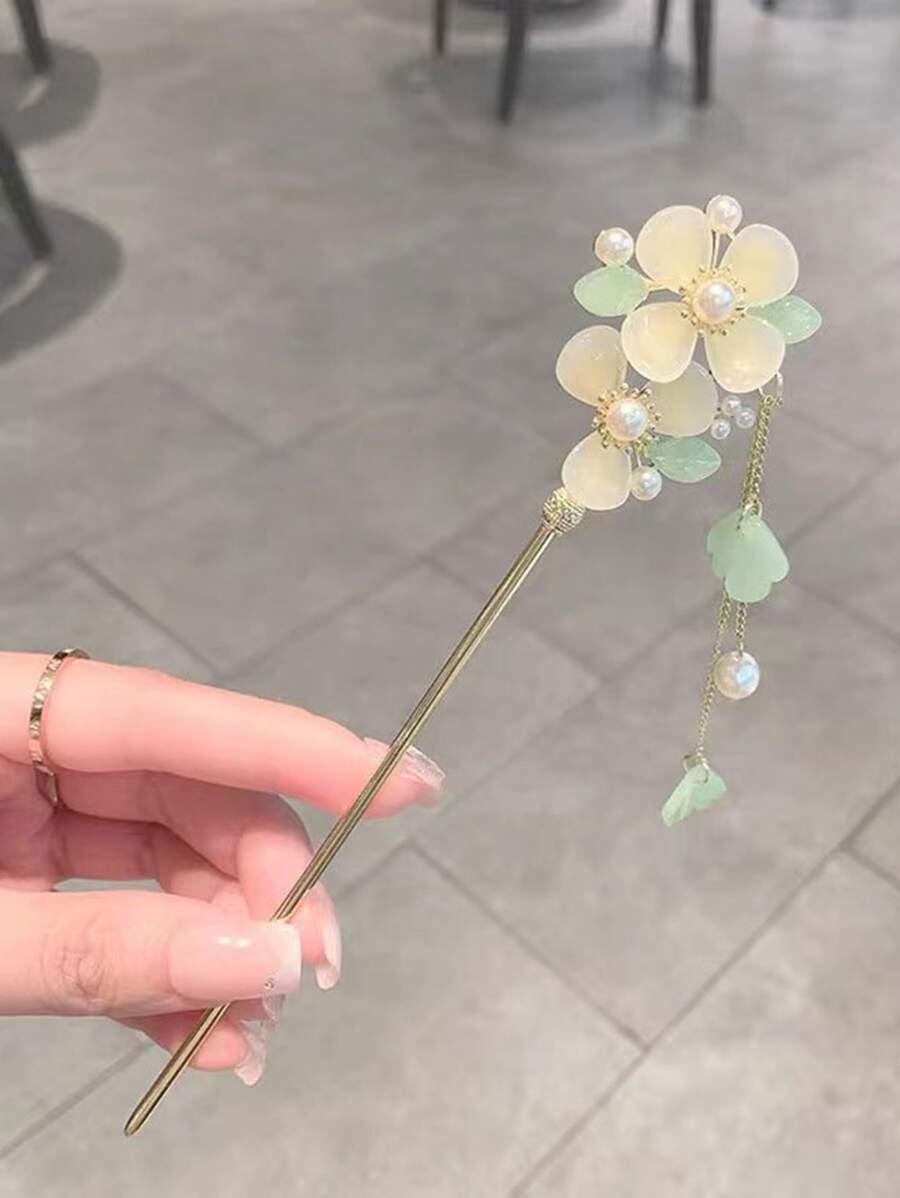 珍珠和花朵裝飾髮夾 - 彩色 - 查看 1