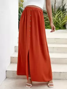 SHEIN Maternity Button Front Adjustable Waist Skirt - Burnt Orange - View 3