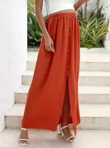 SHEIN Maternity Button Front Adjustable Waist Skirt - Burnt Orange - View 5