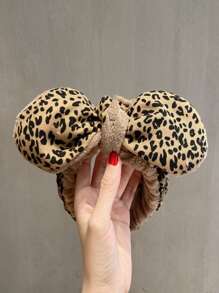 1pc Leopard Pattern Bath Headband, Modern Polyester Bow Decor Fuzzy Facial Makeup Headband For Bathroom - Coffee Brown - View 1