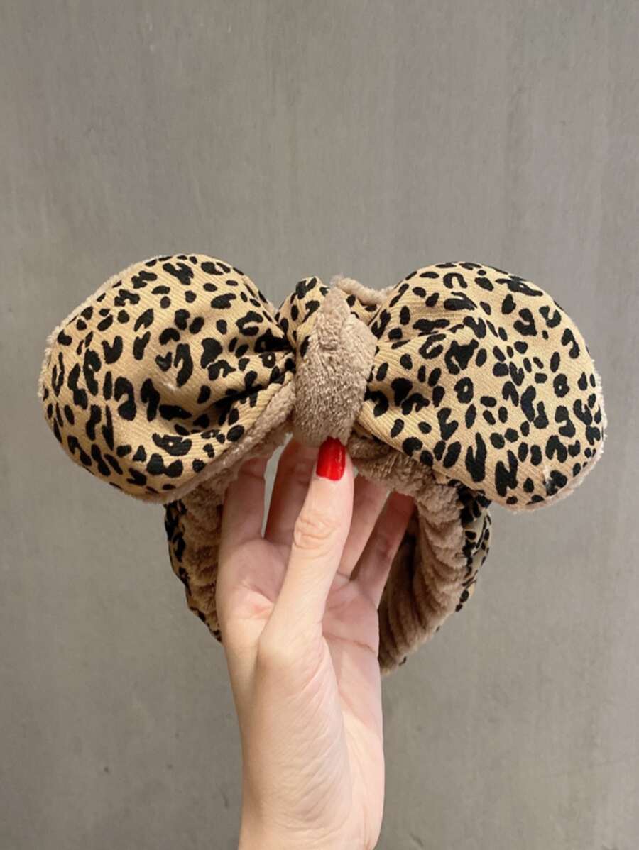 1pc Leopard Pattern Bath Headband, Modern Polyester Bow Decor Fuzzy Facial Makeup Headband For Bathroom - Coffee Brown - View 1