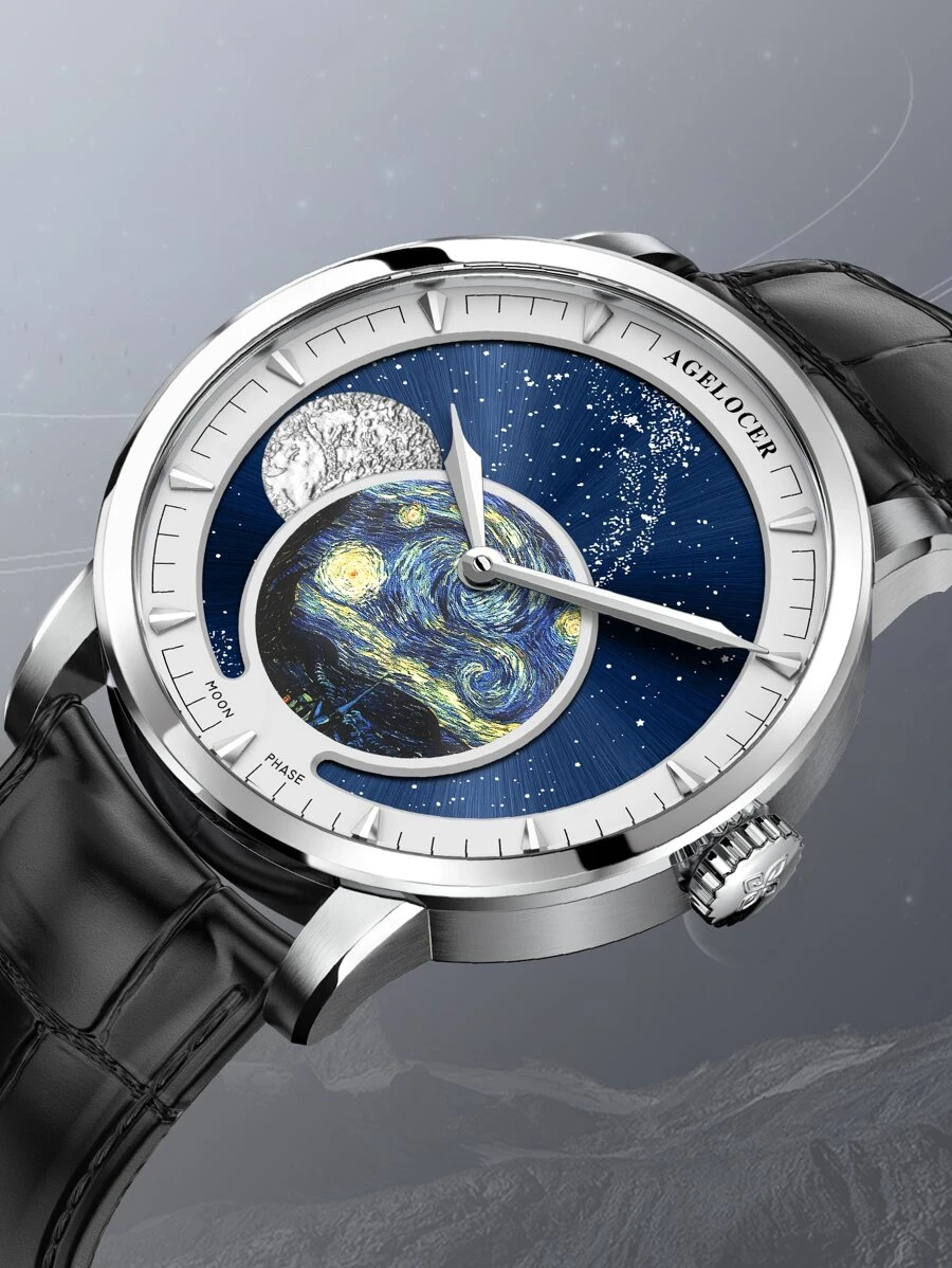Men Galaxy Print Mechanical Watch - Black - View 1