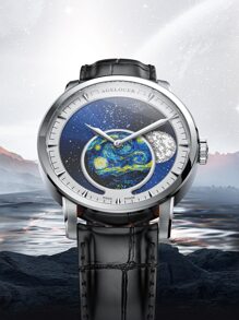 Men Galaxy Print Mechanical Watch - Black - View 2