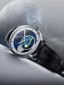 Men Galaxy Print Mechanical Watch - Black - View 4
