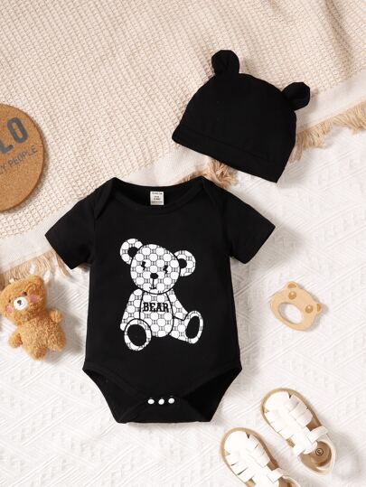 Newborn Baby Boy Bear Print Bodysuit & Accessory Hat