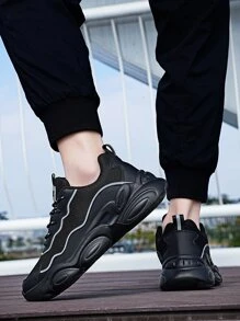 Men Letter Detail Chunky Sneakers, Fabric Lace-up Front Sneakers Black