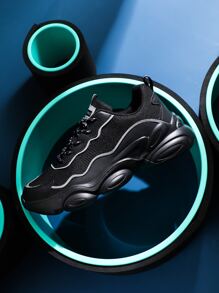 Men Letter Detail Chunky Sneakers, Fabric Lace-up Front Sneakers Black