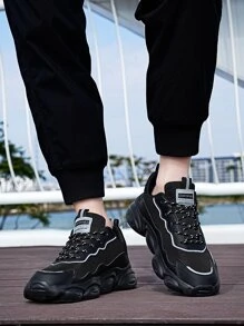 Men Letter Detail Chunky Sneakers, Fabric Lace-up Front Sneakers Black