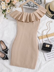 Chicas adolescentes Vestido de cuello asimétrico ribete con fruncido tejido de canalé - Caqui - Ver 3