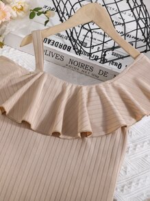 Chicas adolescentes Vestido de cuello asimétrico ribete con fruncido tejido de canalé - Caqui - Ver 5