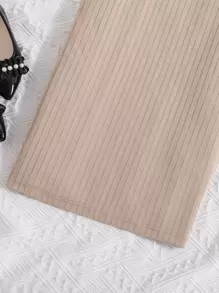 Chicas adolescentes Vestido de cuello asimétrico ribete con fruncido tejido de canalé - Caqui - Ver 6