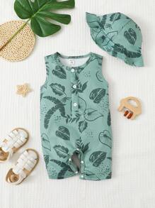 男嬰熱帶圖案前紐扣連身短褲附帽子 - 綠色 - 查看 1