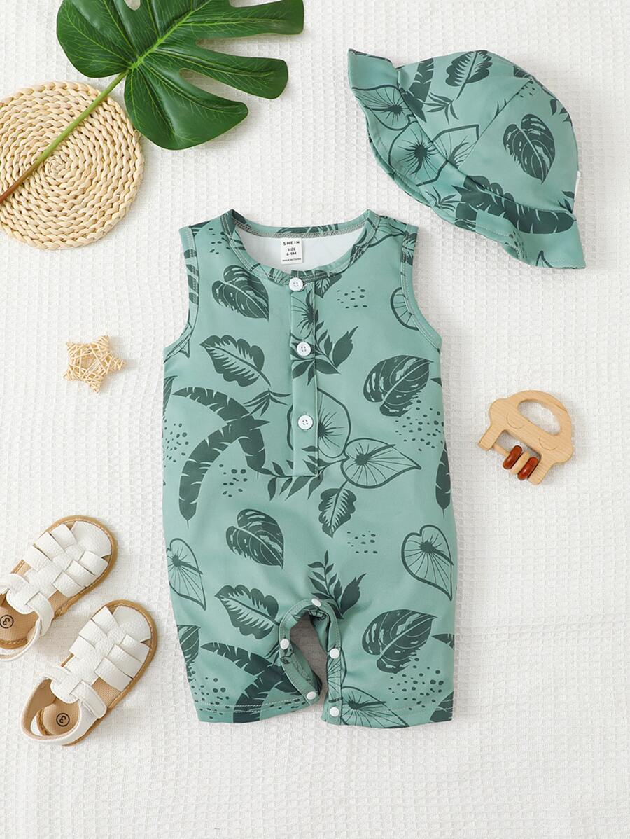 男嬰熱帶圖案前紐扣連身短褲附帽子 - 綠色 - 查看 1
