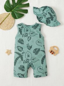 男嬰熱帶圖案前紐扣連身短褲附帽子 - 綠色 - 查看 2