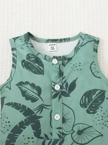 男嬰熱帶圖案前紐扣連身短褲附帽子 - 綠色 - 查看 4