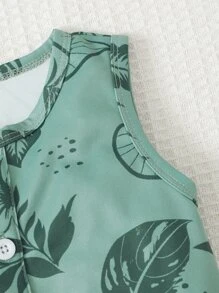 男嬰熱帶圖案前紐扣連身短褲附帽子 - 綠色 - 查看 5