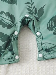 男嬰熱帶圖案前紐扣連身短褲附帽子 - 綠色 - 查看 7