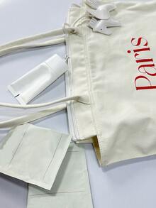 字母圖案帆布購物袋 - 米色 - 查看 6