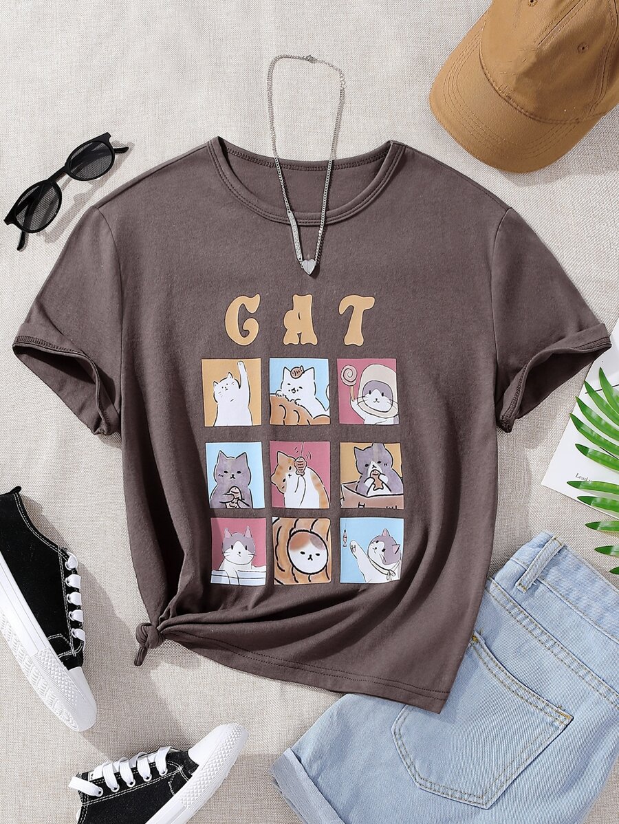 Tween Girl Cà Phê Dễ Thương Lưới Mèo Phong Cách Đường Phố Thoải Mái Cổ Tròn, Cotton - Cà phê nâu - Xem 1