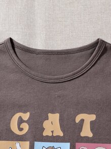 Tween Girl Cà Phê Dễ Thương Lưới Mèo Phong Cách Đường Phố Thoải Mái Cổ Tròn, Cotton - Cà phê nâu - Xem 3